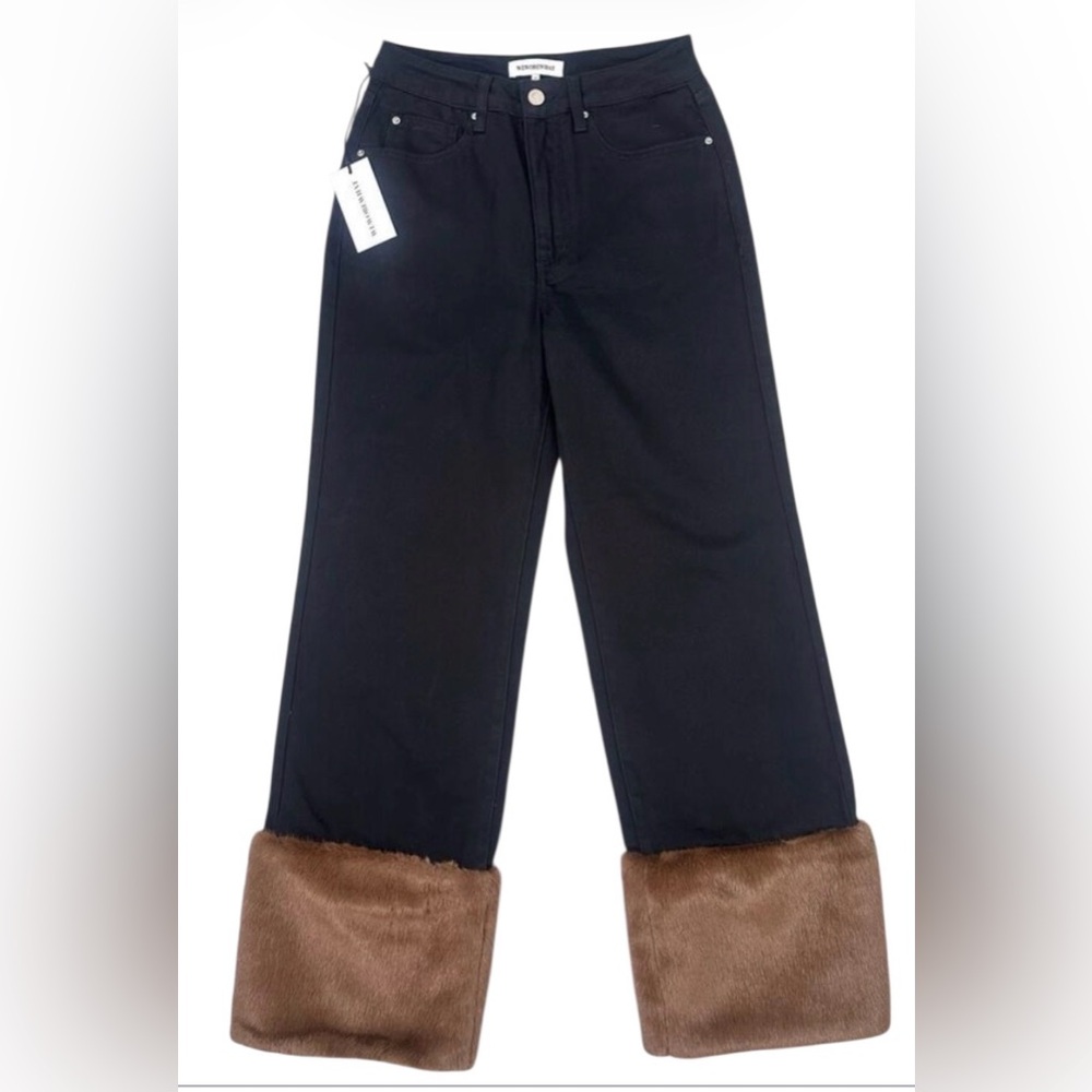 WeWoreWhat Black Straight Leg Jeans with Brown Cuffs
